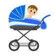 Cute baby boy sitting in stroller. Illustration