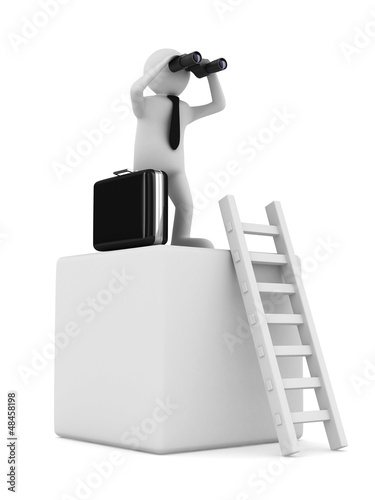 Illustration: man on box and staircase. Isolated 3D image man on box and staircase. Isolated 3D image