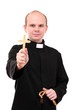 Young pastor with wooden cross and  rosary, isolated on  white