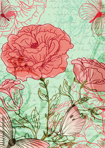 Vector: Grungy retro background with roses and butterflies Grungy retro background with roses and butterflies
