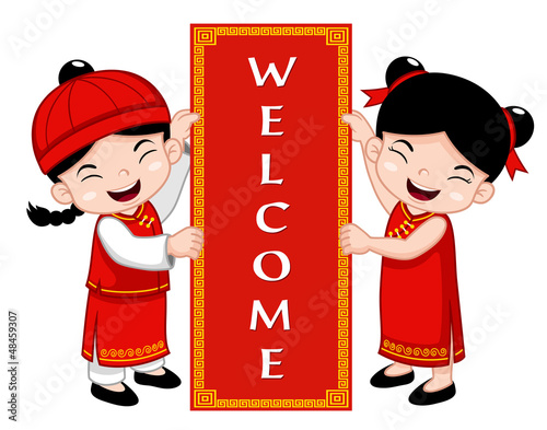 Vector: Chinese Kids with Welcome sign Chinese Kids with Welcome sign