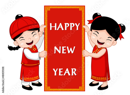 Vector: Chinese Kids with Happy New Year sign Chinese Kids with Happy New Year sign