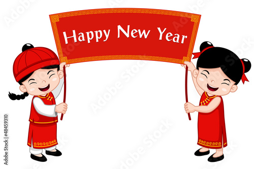 Vector: Chinese Kids with Happy New Year sign Chinese Kids with Happy New Year sign
