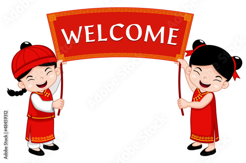 Vector: Chinese Kids with Welcome sign Chinese Kids with Welcome sign