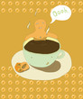 Gingerbread man soaking in a coffee cup.