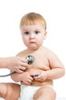 Pediatric doctor examining baby boy with stethoscope isolated on