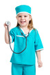Adorable child girl uniformed as doctor isolated on white backgr
