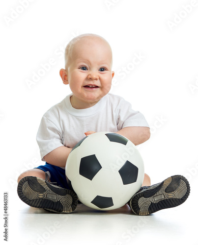 Photo: adorable baby with ball over white background adorable baby with ball over white background