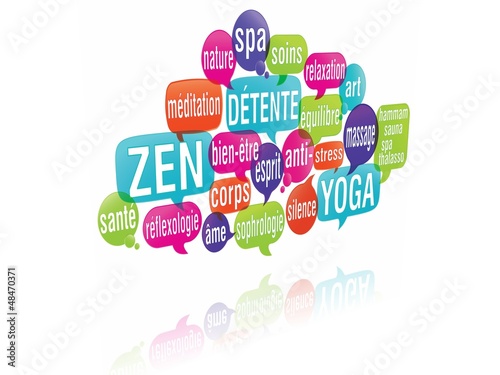 Illustration: nuage de mots bulles 3d : détente, zen nuage de mots bulles 3d : détente, zen