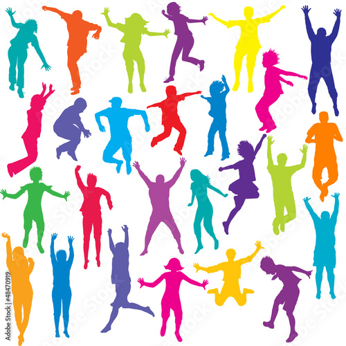 Illustration: Set of colored people and children silhouettes jumping Set of colored people and children silhouettes jumping