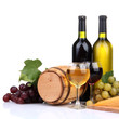 Barrel, bottles and glasses of wine, cheese and grapes,