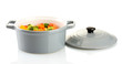 Vegetable stew in gray pot isolated on white