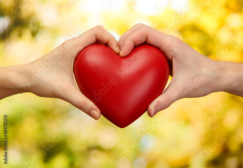 Photo: Red heart in woman and man hands, on green background Red heart in woman and man hands, on green background