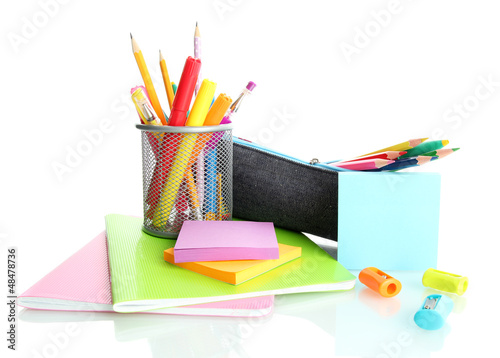 Photo: pencil box with school equipment isolated on white pencil box with school equipment isolated on white