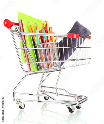 Photo: trolley with school equipment isolated on white trolley with school equipment isolated on white