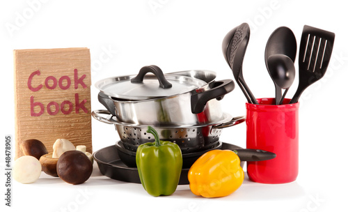 Photo: composition of kitchen tools and vegetables isolated on white composition of kitchen tools and vegetables isolated on white