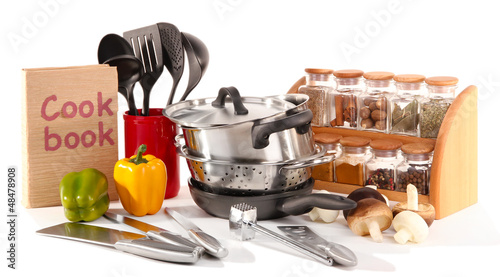 Photo: composition of kitchen tools,spices and vegetables isolated composition of kitchen tools,spices and vegetables isolated