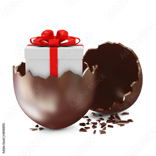 Illustration: Broken Chocolate Easter Egg with Gift Box Inside Broken Chocolate Easter Egg with Gift Box Inside