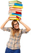 Photo: Student girl struggling with stack of books Student girl struggling with stack of books