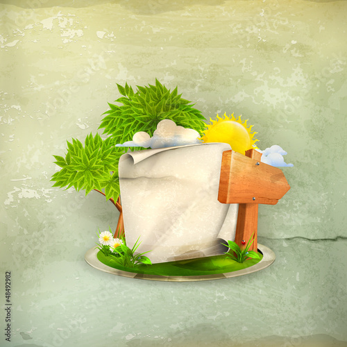 Vector: Spring landscape with a wooden pointer, old-style Spring landscape with a wooden pointer, old-style