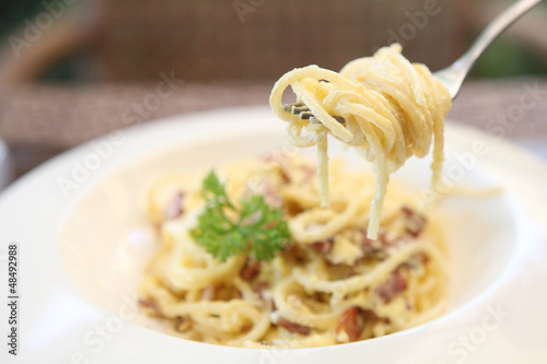 Photo: Spaghetti Carbonara with bacon and cheese Spaghetti Carbonara with bacon and cheese