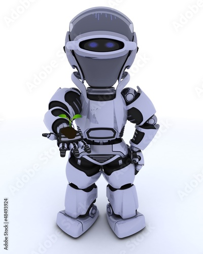 Illustration: Robot nurturing a seedling plant Robot nurturing a seedling plant