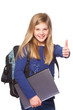 schoolgirl with laptop smiling thumbs up