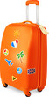 Orange travelling baggage vector suitcase with stickers