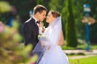 Portrait of the young beautiful bride and groom on the nature