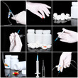 Collage of medicine- pills,bottle, syringe.