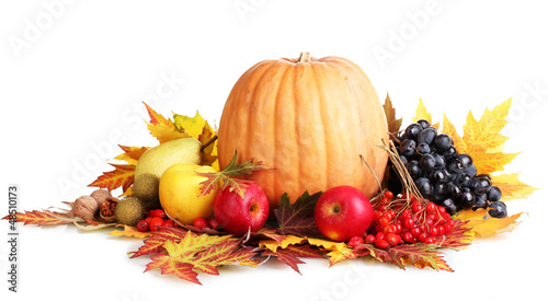 Photo: beautiful autumn harvest and leaves isolated on white beautiful autumn harvest and leaves isolated on white
