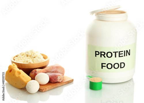 Photo: jar of protein powder and food with protein, isolated on white jar of protein powder and food with protein, isolated on white
