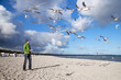 man feeding seagulls, möwen füttern, ostsee