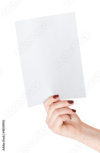 Photo: blank paper sheet in hand blank paper sheet in hand