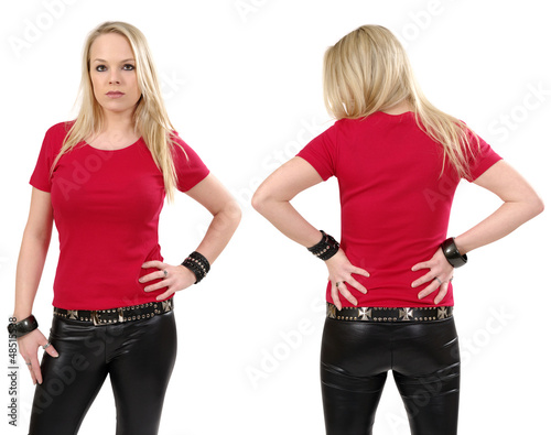Photo: Blond woman posing with blank red shirt Blond woman posing with blank red shirt