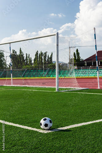 Photo: soccer ball on green grass in front of goal net soccer ball on green grass in front of goal net