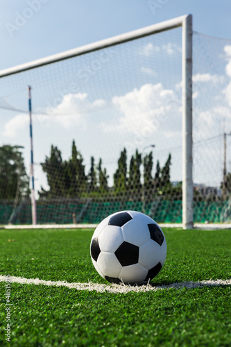 Photo: soccer ball on green grass in front of goal net soccer ball on green grass in front of goal net