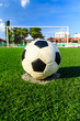 soccer ball on green grass in front of goal net