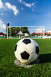 soccer ball on green grass in front of goal net