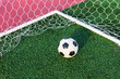 soccer ball on green grass in goal net