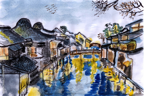 Illustration: illustration The river village wuzhen illustration The river village wuzhen