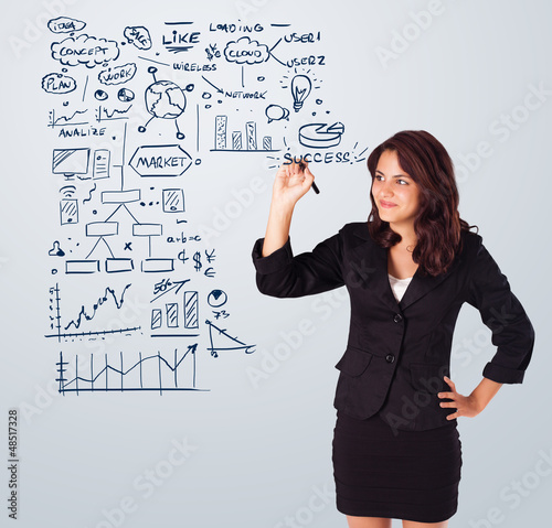 Photo: Woman drawing business scheme and icons on whiteboard Woman drawing business scheme and icons on whiteboard