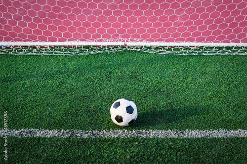 Photo: soccer ball on green grass in goal net soccer ball on green grass in goal net