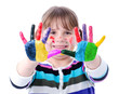 Portrait of a cute child girl with painted hands