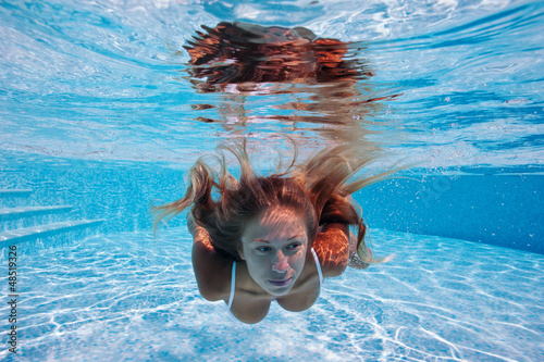 Photo: Close up portrait of underwater woman in swimming pool. Close up portrait of underwater woman in swimming pool.