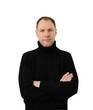 Sly man in black isolated on the white background