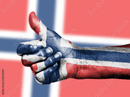 Photo: Norwegian flag on thumbs up hand Norwegian flag on thumbs up hand