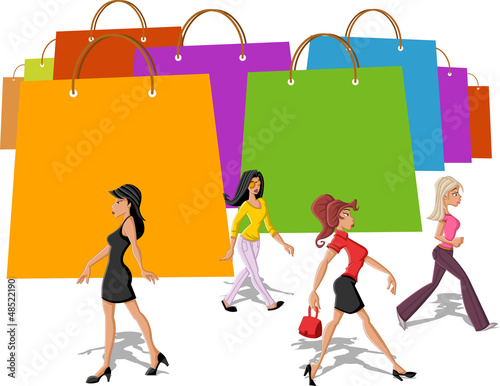 Vector: shopping paper bags and pretty women walking shopping paper bags and pretty women walking