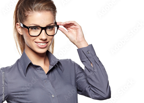 Photo: Eyewear glasses woman closeup portrait. Woman wearing glasses ho Eyewear glasses woman closeup portrait. Woman wearing glasses ho