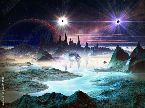 Illustration: Twin Stars over Blue Alien Landscape Twin Stars over Blue Alien Landscape